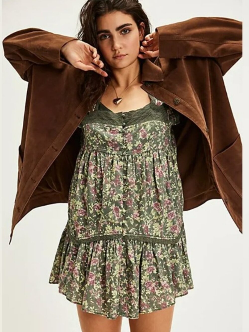 NWT Free People Green Floral Lace Alessia Mini Dress Sz L